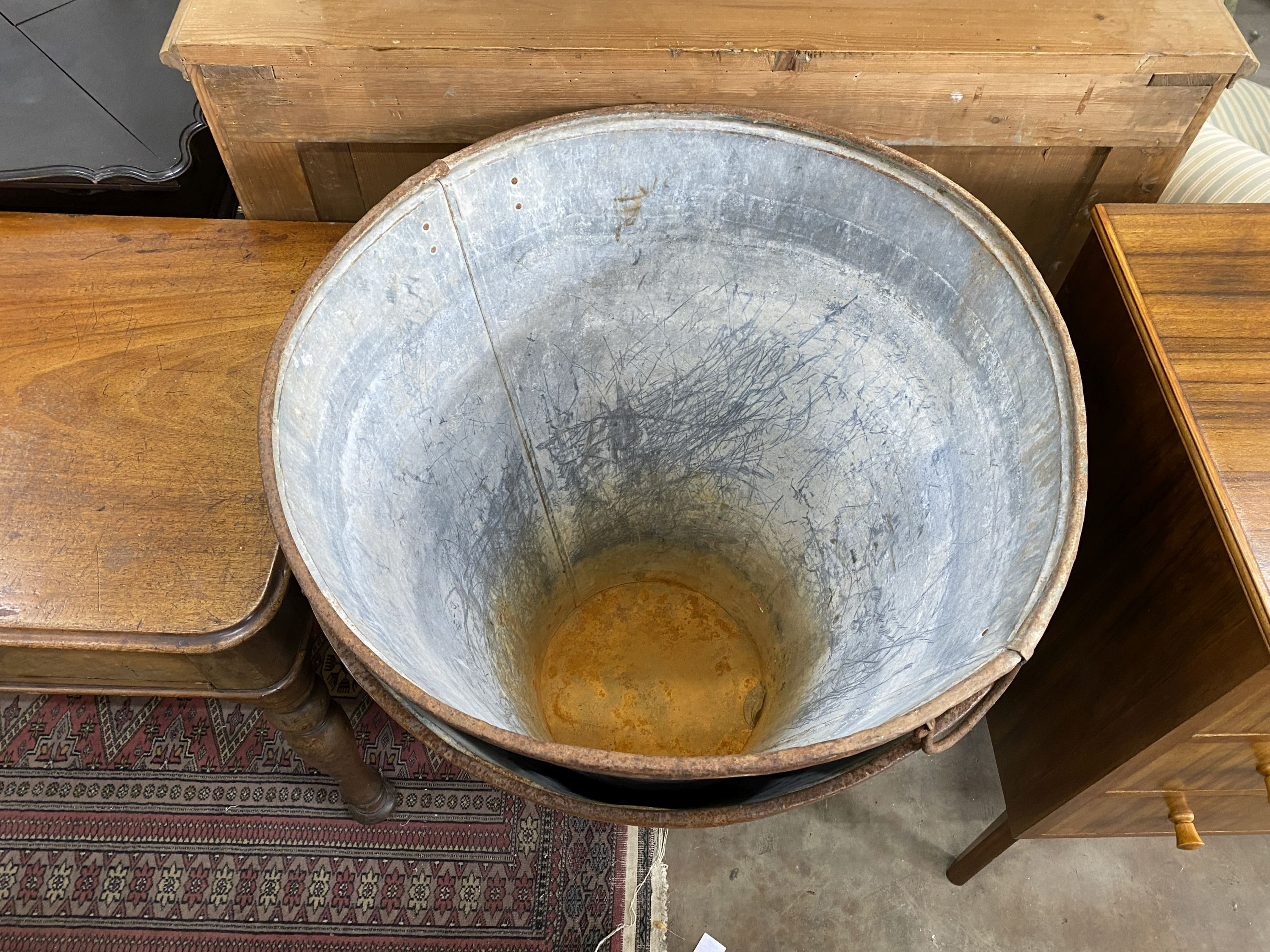 A pair of large vintage galvanised iron handled hoppers, diameter 69cm, height 75cm